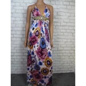 $250 Sky Matte Jersey Printed Pink Blue Gold Jewel Halter Dress XS NEW